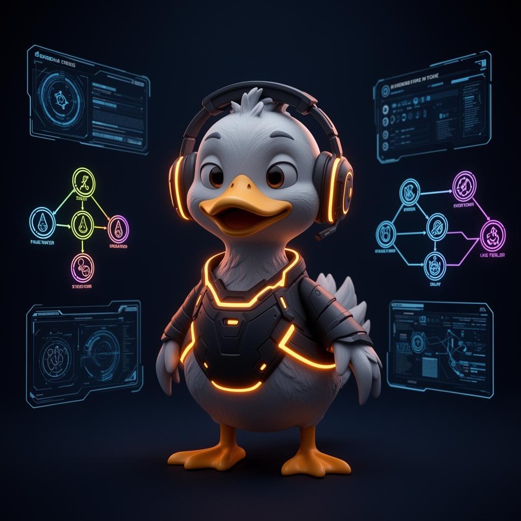 Talenduck mascot in a deep-tech environment